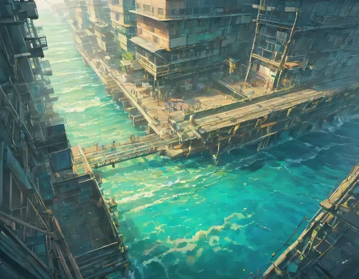 Highly detailed representation of the industrial city, Shows the discharge of pollutants into the ocean, Rivers and lakes. Emphasize the contrast between industry and water.sewage，turbidity