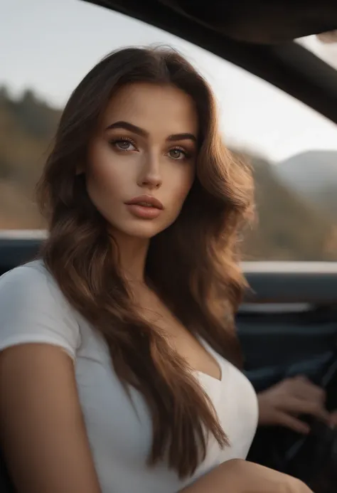 (best quality,4k,highres,masterpiece:1.2),ultra-detailed,(realistic:1.37),beautiful detailed brown eyes,beautiful detailed lips,big brown eyes,brunette girl,sexy,brunette woman,portrait of Sophie Mudd,brown hair,almond-shaped eyes,Selfie of a young woman,l...