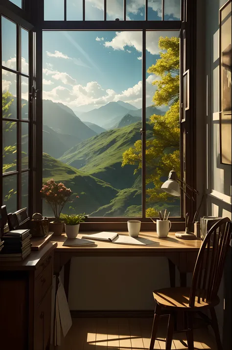 A cup of tea at the desk，The background is a window, A cinematic scene, Perfect light, Beautiful composition, realisticlying, vegetation