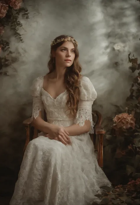 À la Fed image of a girl in a white lace dress and Leonardo da Vinci notes background, stunning young ethereal figure, portrait of a magical girl, portrait of a young witch girl, girl in steampunk clothes, musician girl in lace clothes, Natalia Dyer, Daphn...