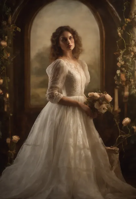 À la Fed image of a girl in a white lace dress and Leonardo da Vinci notes background, stunning young ethereal figure, portrait of a magical girl, portrait of a young witch girl, girl in steampunk clothes, musician girl in lace clothes, Natalia Dyer, Daphn...