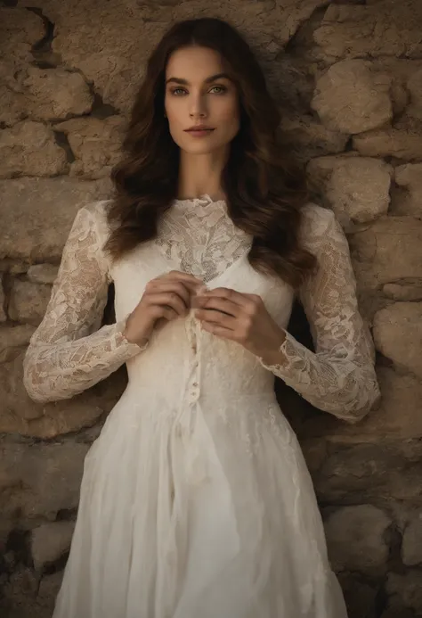 À la Fed image of a girl in a white lace dress and Leonardo da Vinci notes background, stunning young ethereal figure, portrait of a magical girl, portrait of a young witch girl, girl in steampunk clothes, musician girl in lace clothes, Natalia Dyer, Daphn...