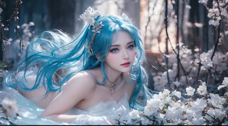 Realistic, full body portrait of a young girl, perfect body, perfect professional pose, 20 years old. Musical blue hair, beautiful realistic light blue eyes; beautiful white teeth, happy smile, attractive, make up the worlds most beautiful perfect face ove...