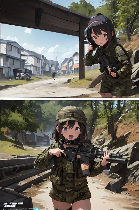 (8k masterpiece, raw anime photo, best quality:1.3), comic_book_cover:1.3, a little girl goes paintballing, dressed in camouflag...