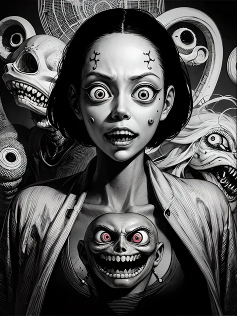 [(Junji Ito:1.5), detailed manga line art illustration of creepy girl, dark, black and white, scared, horrified, terrified, insane, creepy, unsettling, disturbing, (horror manga style), twisted, warped, psychological horror, grotesque, morbid, surreal]