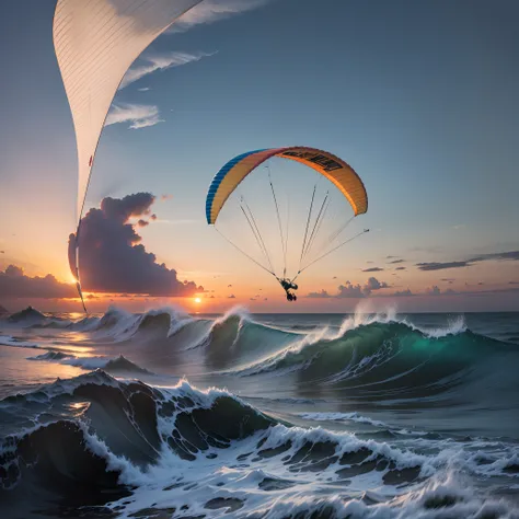 paraglider flying over big waves at sunset --auto --s2