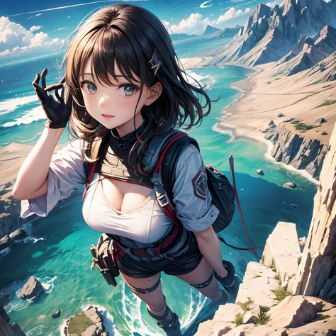 1 girl, on top of mountain, background:earth (planet), overhead view, view from top,