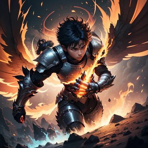 black 16-year-old adolescent, fire manipulator/warrior, halo on the head, 2 gauntlets on the arms, with a tiger made of flames, medieval RPG, vibrant colors, glowing fire, detailed armor, intense battle pose, mystical background, dynamic lighting, high-res...