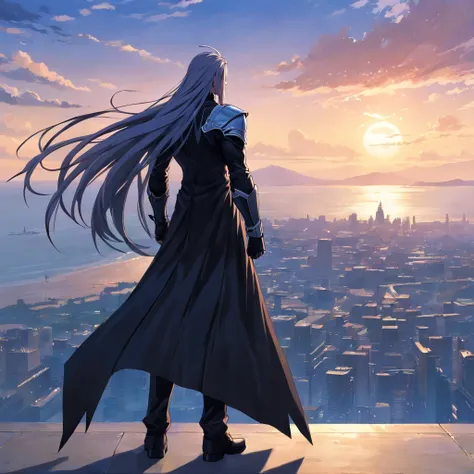 Incredibly detailed illustrations of Sephiroth in Final Fantasy and his black outfit overlooking the horizon, full body Esbian, incredible details, Perfect Shadow, dynamic background, Ultra-realistic drawing style.