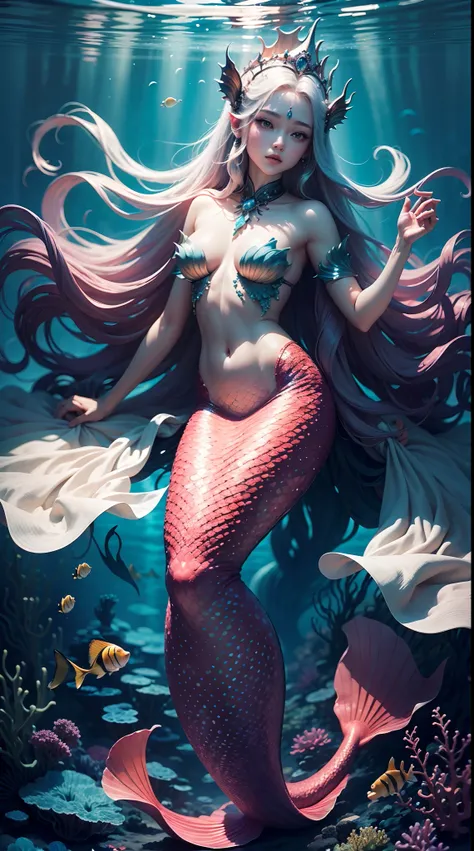 ocean floor,(depth of fields),A mermaid queen,long whitr hair,Ethereal beauty,peacful,tropical fishes,jelly fish,the reef。Vibrant colors,dreamlike lighting.Best quality,A high resolution,Masterpiece:1.2.