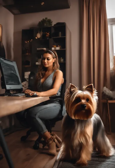 m quarto de trabalho com computador gamer, com mulher parda com cabelos longos e pretos com fones de ouvido utilizando a mesa com uma cachorro yorkshire terrier (pelos loiros e pretos) ao lado da mesa