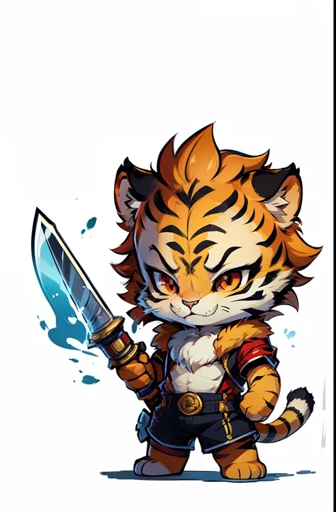 dccomic style,1young tiger, baby face tiger ,chibi, anthropomorphic, golden fur, big red eyes,warrior with a sword, character 1:...