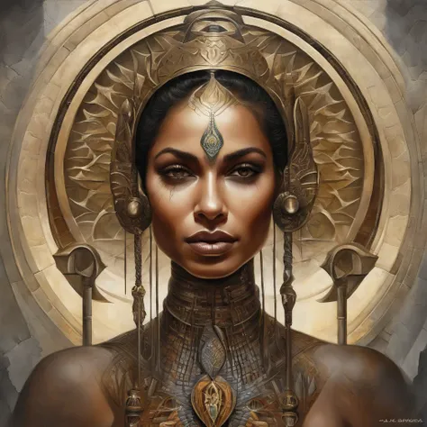 Futuristic indigenous futurism,Actress Priyanka Chopra as an advanced cybernetic cyborg Hindu goddesses of war, Sensualidade,Artistic details,mitologia hindu cyberpunk,epic sci-fi fantasy, Centrado,in the style of Nick Alm fantastic futuristic fantasy comp...