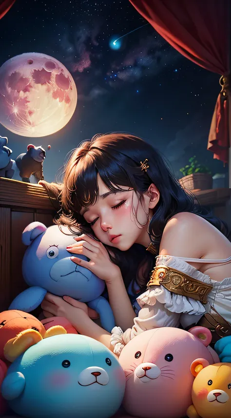 colorful、on badroom、kosmos、Big Moon、realistic、The girl is sleeping、Only one stuffed animal、超A high resolution