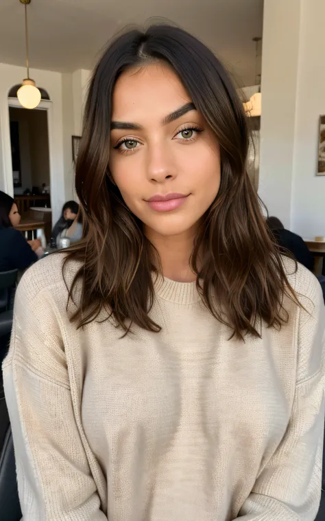 Beautiful brunette with blonde highlights in a beige sweater (in a café drinking soft drinks), muy detallado, 22year old, cara inocente, cabello ondulado natural, ojos azules, High resolution, obra maestra, La mejor calidad, Intrincado alto detalle, Altame...