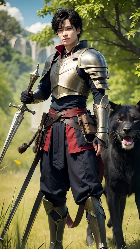 Boy with black hair, with light armor standing with a phanter