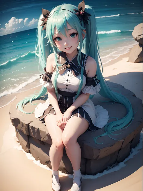 HatsumeMiku, 8K, hight resolution, Sits, Smiling