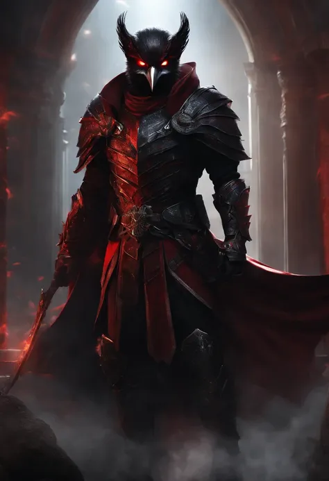 (highres,masterpiece:1.2),(best quality,4k,8k),vivid colors,sharp focus,portrait,anime,detailed,studio lighting,red and black color palette,dark ambiance,menacing atmosphere,handsome sinister guy,red and black mixed short hair,black colored eyes,armor made...