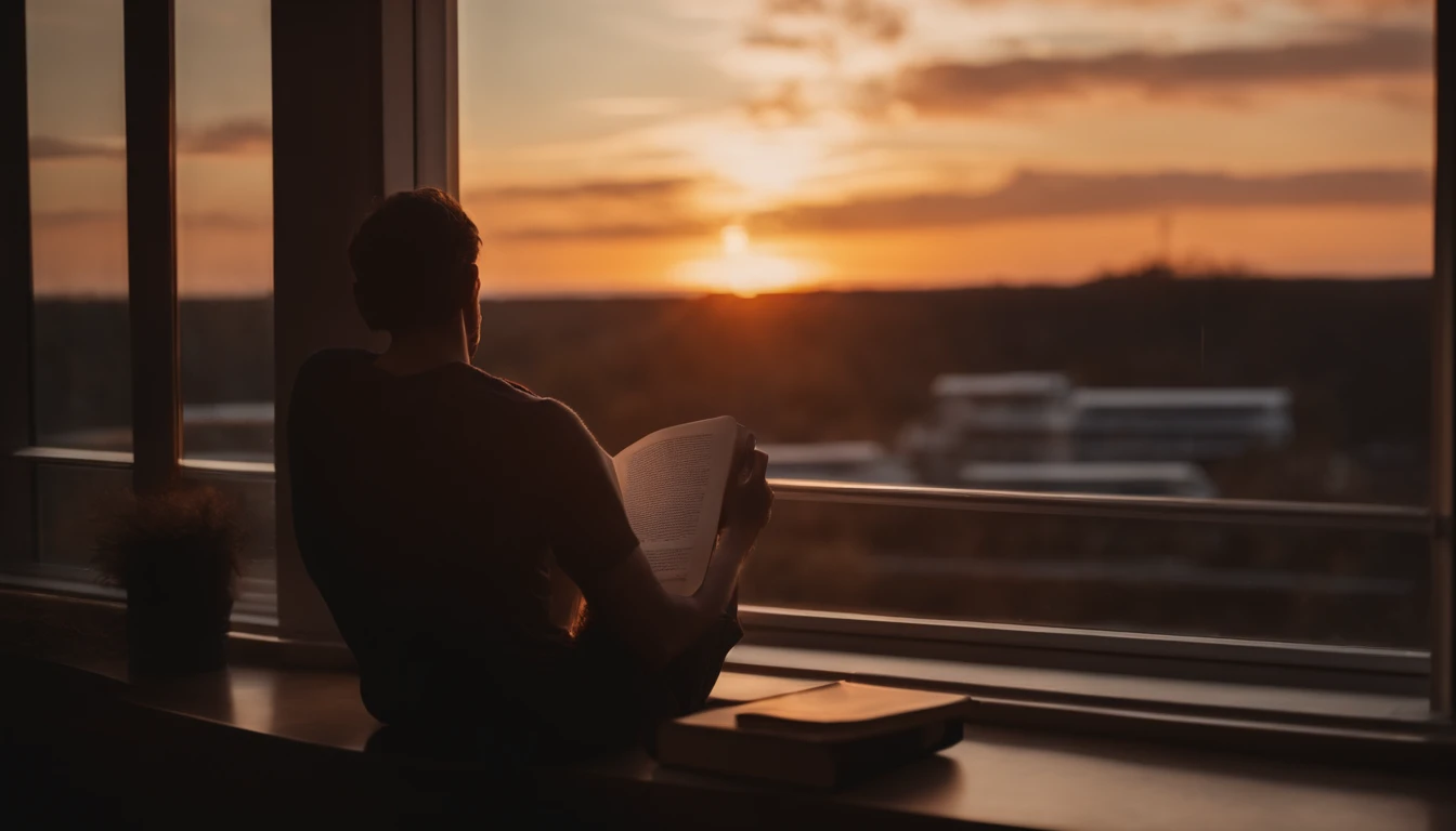 1 student sitting by the window reading ( It was sunset)