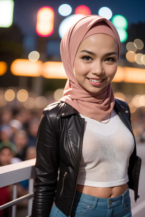 Portrait photography of a beautiful young malay girl in hijab wearing red tank top with leather jacket and white jeans watching a concert, nighttime, concert background, bright lighting, smile and happy gesture,