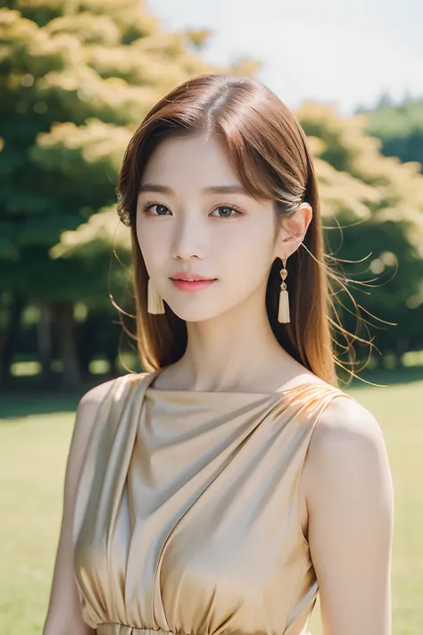 a woman with long hair and a beige dress posing for a picture, popular south korean makeup, popular korean makeup, lalisa manobal, park ji-min, jaeyeon nam, lee ji-eun, lee ji - eun, sun yunjoo, jinyoung shin, cute korean actress, hwang se - on, heonhwa ch...