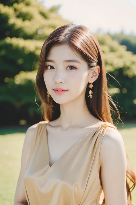 a woman with long hair and a beige dress posing for a picture, popular south korean makeup, popular korean makeup, lalisa manobal, park ji-min, jaeyeon nam, lee ji-eun, lee ji - eun, sun yunjoo, jinyoung shin, cute korean actress, hwang se - on, heonhwa ch...