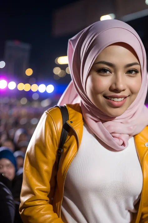 Portrait photography of a beautiful young malay girl in hijab wearing white tank top with yellow leather jacket and white jeans watching a concert, nighttime, concert background, bright lighting, smile and happy gesture,