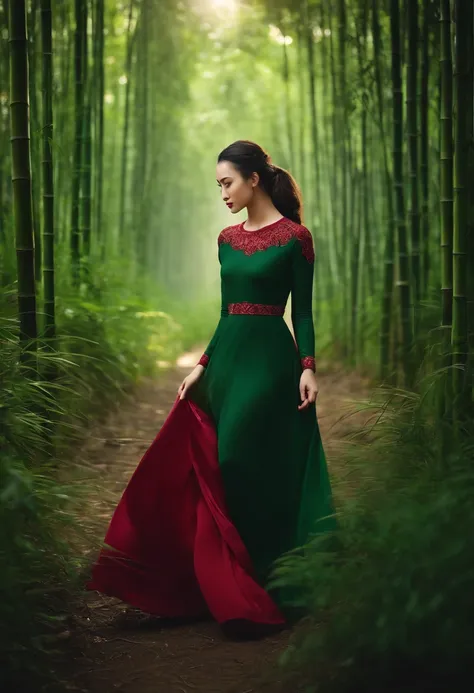 Girl wearing a ruby necklace on her chest，Dark green long-sleeved shirt，Dark green dress for girls，High ponytail，in bamboo forest，themoon