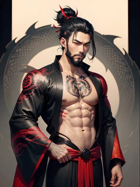 japanese man, updo black hair, light bearded, wesring black and red kimono, anime style, fit body, dragon tatto on arm.