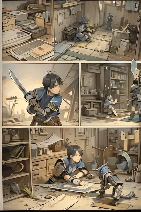 comic strip，Cartoon Split（4 or 5 or 6 tiles），Storyboard，Masterpiece, 。Jack returns home，Picked up his fathers relic - a worn-out sword。He decides to use this sword against the robot。。He tried to stop it in various ways，But all failed。 Enhanced detail