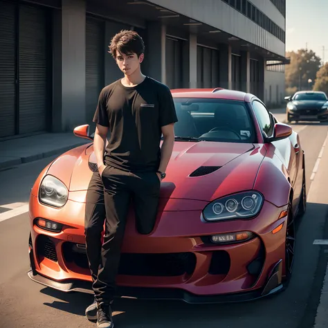 Boy standing beside car supra mk4 realistic 4k resolution