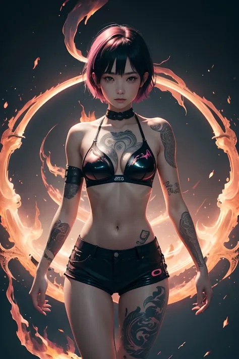 1 girl, balance, yinyang, dragon background, tattoo,pink flame, low light, mythical, transparent bra, short pants, ragged, short hair, black hair,  freckles, sexy body, cute, ultra high quality