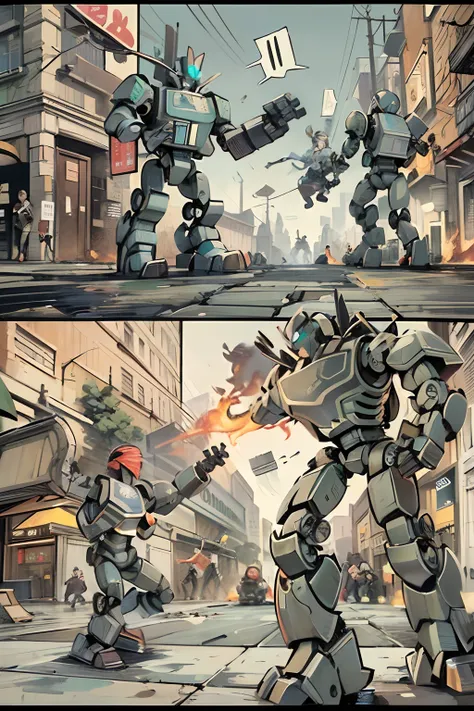 comic strip，Cartoon Split（4 or 5 or 6 tiles），Storyboard，Masterpiece, 。Jack and the robot fight fiercely in the streets。Although Jack is brave，But robots still have the upper hand。 Enhanced detail