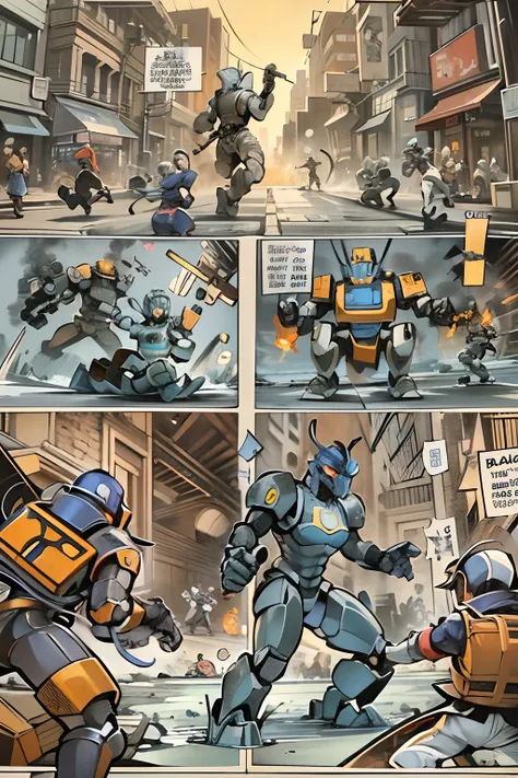 comic strip，Cartoon Split（4 or 5 or 6 tiles），Storyboard，Masterpiece, 。Jack and the robot fight fiercely in the streets。Although Jack is brave，But robots still have the upper hand。 Enhanced detail