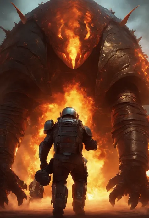 A heavy bulky man with armor and flamethrower and burning the humanoid cockroach.