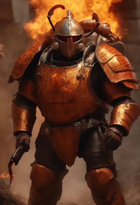 A heavy bulky man with armor and flamethrower and burning the humanoid cockroach.