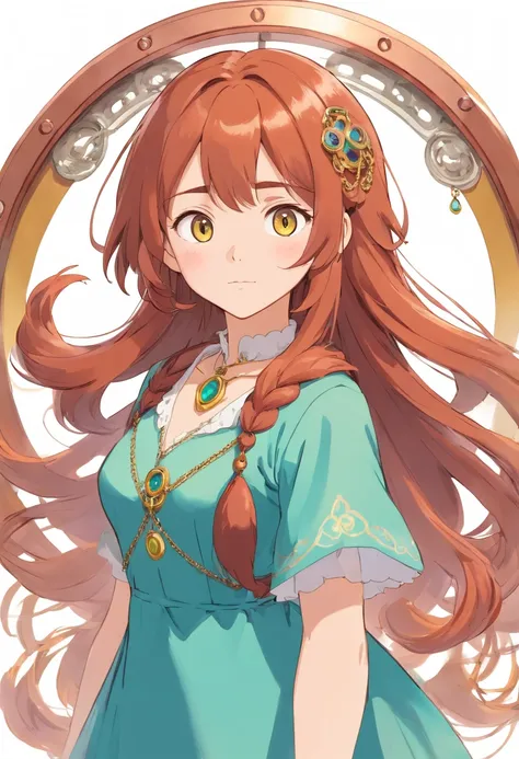 (beste-Qualit, tmasterpiece), 1girl, with thick copper hair, In a magic dress and with a locket around her neck, On White Background, in full height