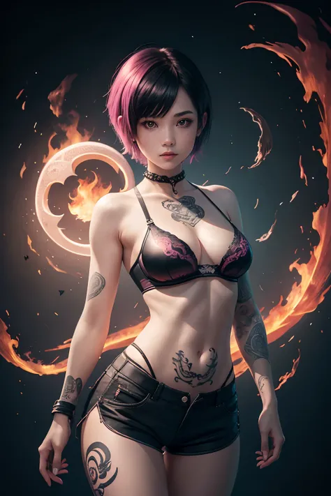 1 girl, balance, yinyang, dragon background, tattoo,pink flame, low light, mythical, transparent bra, short pants, ragged, short hair, black hair,  freckles, sexy body, cute, ultra high quality