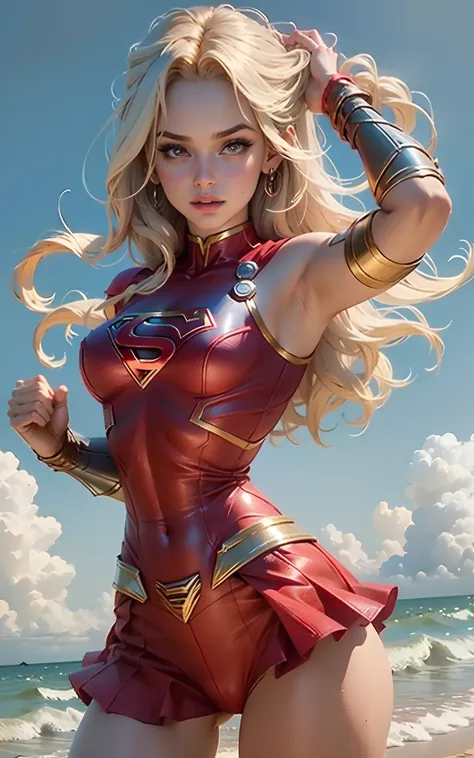 Mulher bonita cabelo curto corpo definido seios enormes, vestindo cosplay de Supergirl