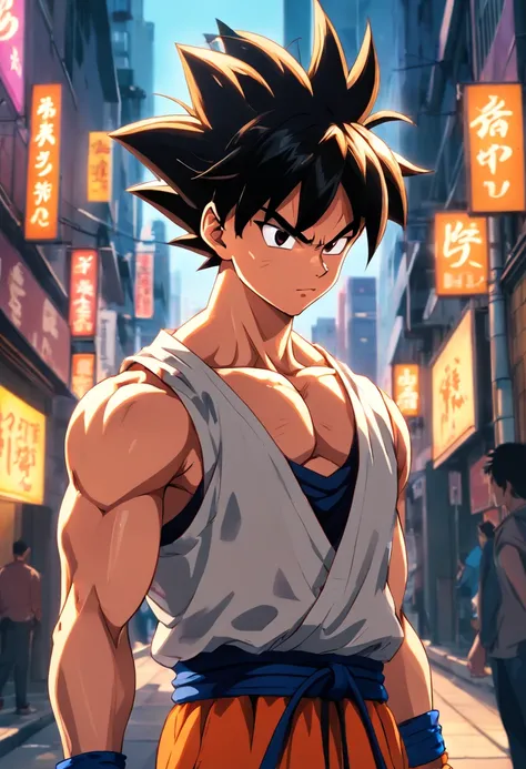 (Realistic,fotorrealista:1.37),ultra-detalhado,Detailed illustration of Goku(circunstanciado,emocional,Expressivo,feature),com roupas estilo  ciberpunk (fashionable,Urbano,casual),Standing in a narrow alley(sombrio,corajoso,Urbano),criado com sombreamento ...