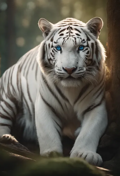 （２White Tiger King：1.5）, Elegant with coloured hair, Stand strong， (Solid white: 1.3), (Shining blue eyes), Delicate fur, Finely drawn face, sharpteeth, nice tail, Realistic Forest, Low contrast, (Medium and near focal lengths: 1.3), of the highest quality...