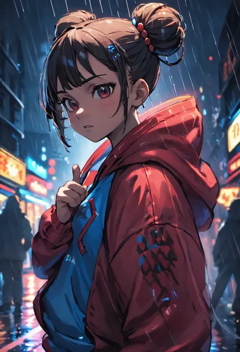 Closeup photograph, confident young girl, 11 years old, martial artist, middle school, with black and 2 circle bun hair in a bun, wearing a hoodie with red and blue designs on it, in a rain soaked street at night, photorealistic, cinematic lighting