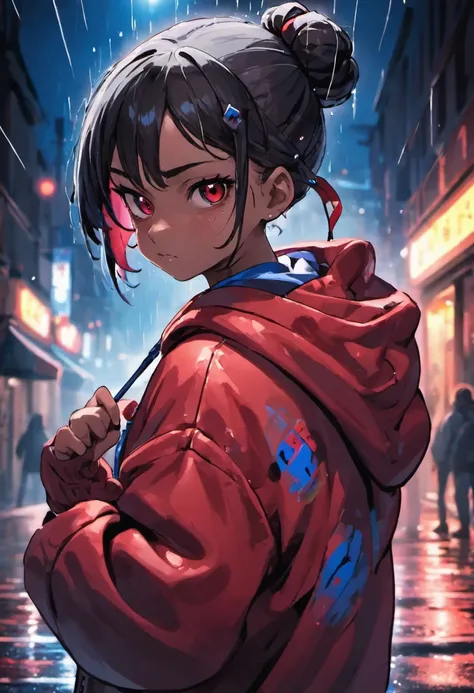 Closeup photograph, confident young girl, 11 years old, martial artist, middle school, with black and 2 circle bun hair in a bun, wearing a hoodie with red and blue designs on it, in a rain soaked street at night, photorealistic, cinematic lighting