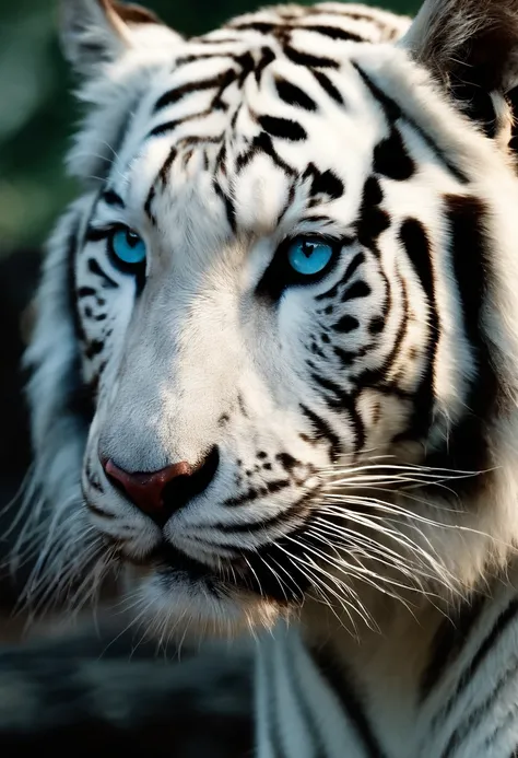 （２White Tiger King：1.5）, Elegant with coloured hair, Stand strong，  (Shining blue eyes), Delicate fur, Finely drawn face, sharpteeth, nice tail, Realistic Forest, Low contrast, (Medium and near focal lengths: 1.3), of the highest quality, Extremely detaile...