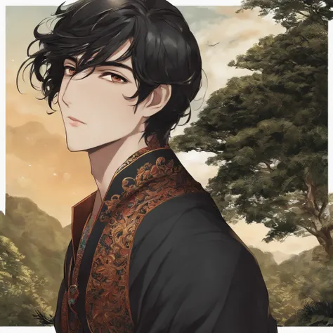 head and shoulders, manga, black hair , young man, god