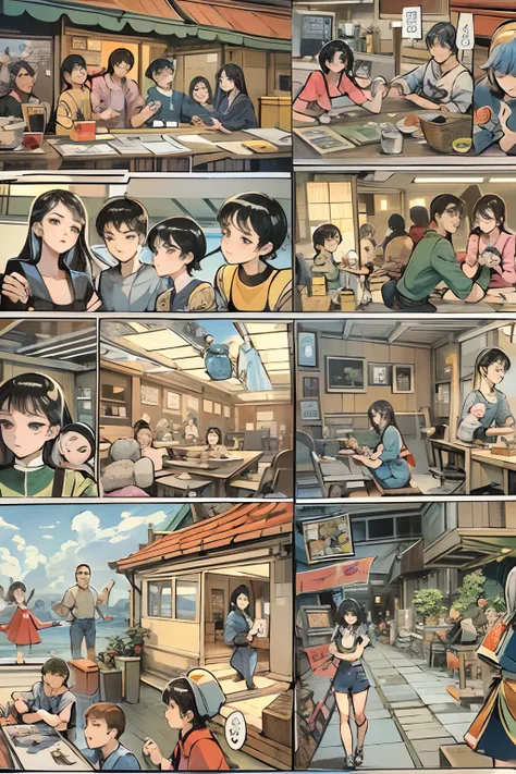 comic strip，cartoon split（4 or 5 or 6 tiles），storyboard，masterpiece, 。peace returned to the town。close-up of the teenagers， enha...