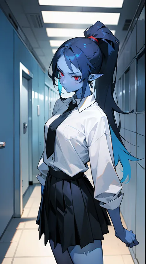 1girl,(colored skin, blue skin:1.2),mature female,solo,serious face,white shirt,black skirt,black tie,dark blue hair,long ponytail hair,pointy ears,red eyes,standing in a school hallway,cowboy shot,