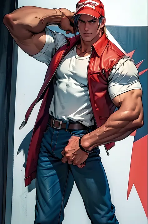 masterpiece, best quality, ultra -detailed, finely detail, Terry bogard, serious look, white shirt, red vest, black belt, dark blue jeans, half body