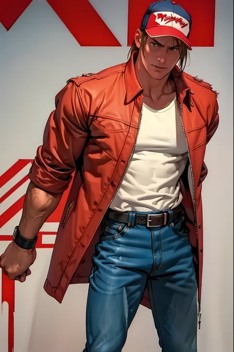 masterpiece, best quality, ultra -detailed, finely detail, terry bogard, serious look, white shirt, red vest, black belt, dark b...