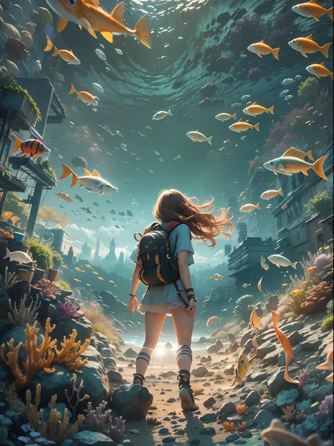 ((Best quality)) , ((Masterpiece)) , ((Realistic)) ，Intricate details，At the bottom of the sea,Marine life, photographed, Action painting, intricate background, Hip level shot ,(more:1.3) , Painterly two-tone hair, Gorgeous backpack, Straps, freckle, City,...